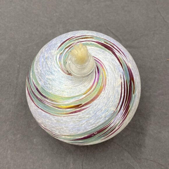 Art Glass Hand Blown Oil Lamp Round White Iridescent Green Pink Swirl w Wick - Picture 3 of 9